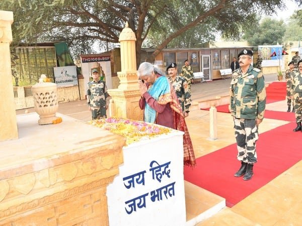 Finance Minister Nirmala Sitharaman offers prayers at Tanotrai Mata temple in Jaisalmer